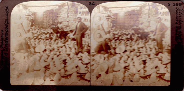 Sombrerería in Mexico City, Late 1800s, Underwood & Underwood stereoview card: "The ordinary sombreros are made of palm-leaves and straw, but those of the wealthier classes are of expensive felt, and may be white, gray, or maroon in color. They are often very ornate, being embroidered with the wearer's monogram, or designs of flowers, and faced with gold or silver lace. In Mexico, only the men wear hats, and they are a very valued  possession. Sometimes a man will invest his entire fortune of thirty or forty dollars in his sombrero. They are frequently of vast dimensions. The larger the sombrero, in fact, the greater its aesthetic value in the eye of the average Mexican. The flourish with which he doffs it in salute is something never to be forgotten by the unaccustomed foreigner."