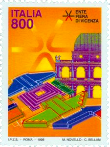 A brightly colored postage stamp depicting the architectural outline of a building with bold geometric shapes and vibrant colors, labeled 'ITALIA 800' for an event in Vicenza.