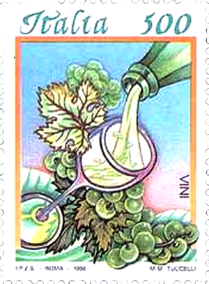 A colorful Italian postage stamp featuring a bottle pouring wine into a glass surrounded by grapevines.