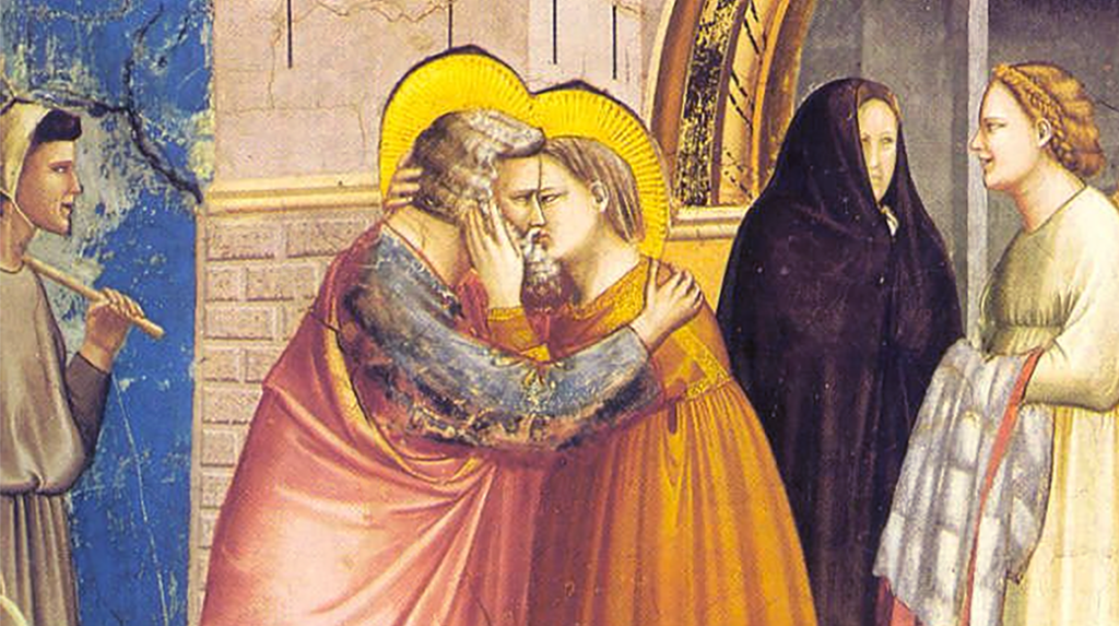 A fresco depicting Joaquim and Anne in an emotional embrace, celebrating the announcement of the Virgin Mary's birth, with several figures observing the scene.