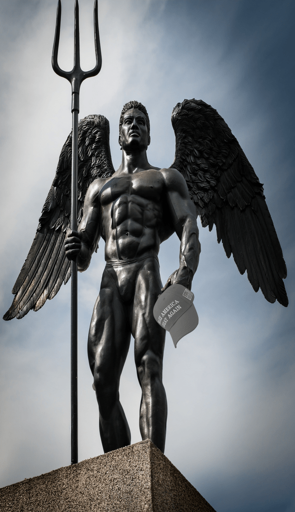 A muscular, winged statue of a male figure holding a trident in one hand and a book with 'Make America Great Again' in the other, set against a cloudy sky.