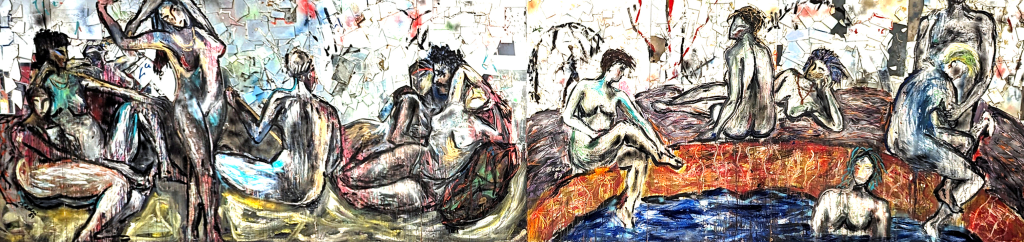 A diptych painting featuring a group of nude figures interacting in a relaxed, intimate setting, surrounded by abstract elements and textured colors that enhance the emotional atmosphere.