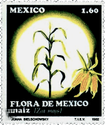 A green and yellow stamp featuring a corn plant and flower, labeled 'FLORA DE MEXICO' and 'maiz' with a moon in the background.