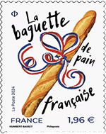 A decorative postage stamp featuring a French baguette with a blue, white, and red ribbon.