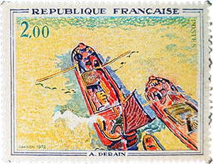 Colorful stamp depicting boats on water, with artistic brush strokes and a sunny backdrop.