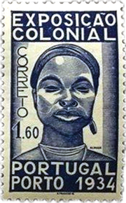 A vintage postage stamp from the 1934 Colonial Exhibition in Portugal, depicting a portrait of a woman with a headscarf and traditional attire.