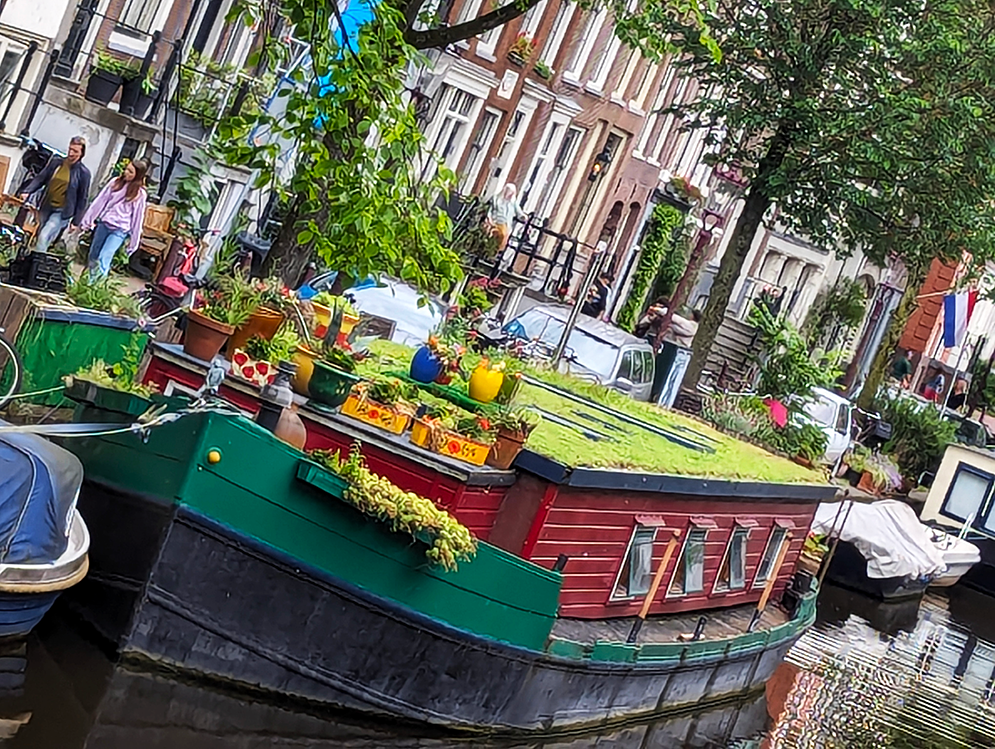 A colorful houseboat decorated with plants and flowers, docked along a canal with people walking nearby in Amsterdam, Netherlands.