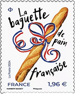 A colorful illustration of a French baguette with a decorative ribbon and text saying 'La baguette de pain française'.