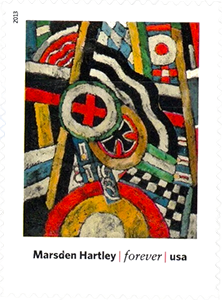 A stamp featuring an abstract painting by Marsden Hartley, displaying vibrant colors and geometric shapes, labeled "Marsden Hartley | forever | usa".