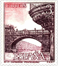 A vintage Spanish postage stamp featuring a bridge over a river, with intricate architectural details and the text 'Correos' and 'España' alongside a denomination of '3 ptas'.