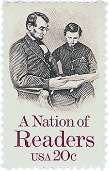 A vintage stamp featuring two individuals, one adult and one child, reading together, with the text 'A Nation of Readers' and 'USA 20c' below.
