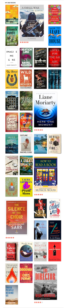 A collage of book covers for titles read in 2025, featuring various genres and authors, including 'A Small War at Close Quarters' and 'The Silence of the Choir'.