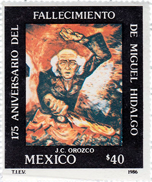 A postage stamp commemorating the 175th anniversary of the death of Miguel Hidalgo, featuring an artistic depiction by J.C. Orozco. The design showcases Hidalgo in a dramatic pose, with vivid colors and expressive details.