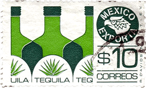 A vintage stamp from Mexico featuring three green bottles labeled 'Tequila' with agave plants, indicating a value of $10 and marked as 'Exportado'.