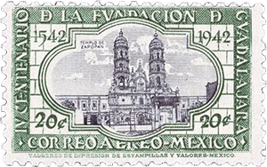A vintage postal stamp commemorating the centenary of Guadalajara, Mexico, featuring an illustration of the Templo de Zapopan, dated 1542 and 1942.