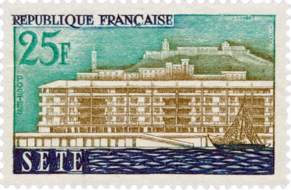 A vintage French postage stamp featuring a graphic depiction of a waterfront building in Sete, with a boat in the foreground and hills in the background, labeled "REPUBLICQUE FRANÇAISE" and marked with a value of "25F".