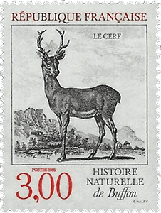 A vintage postage stamp from France featuring an illustration of a deer, labeled 'Le Cerf', with a natural landscape background and text indicating 'Histoire Naturelle de Buffon'.