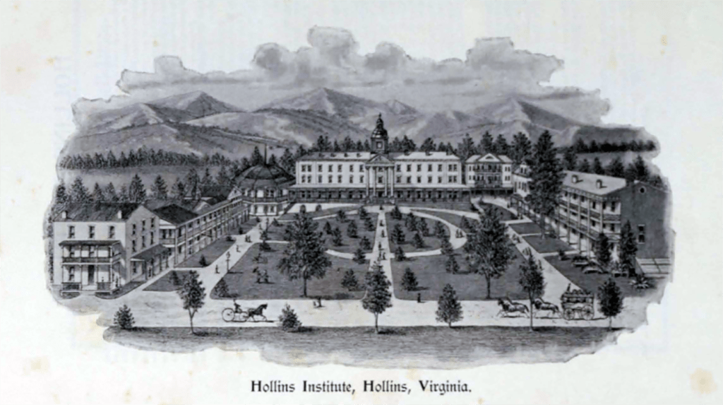 An illustration of Hollins Institute in Virginia, featuring a central building with a clock tower, surrounded by landscaped gardens, trees, and mountains in the background.