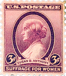 A vintage U.S. postage stamp featuring a profile of Susan B. Anthony, with the text 'Suffrage for Women' and a denomination of 3 cents.