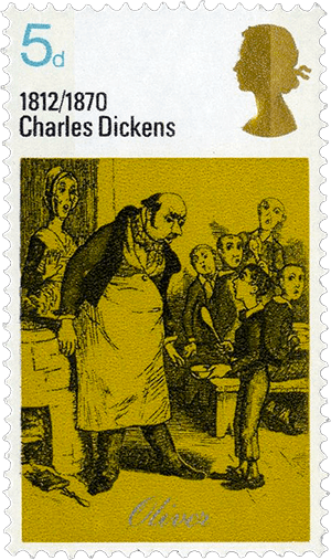 A vintage postage stamp featuring an illustration related to Charles Dickens, depicting a scene with children and a caregiver, and text indicating his lifespan (1812/1870) and name.